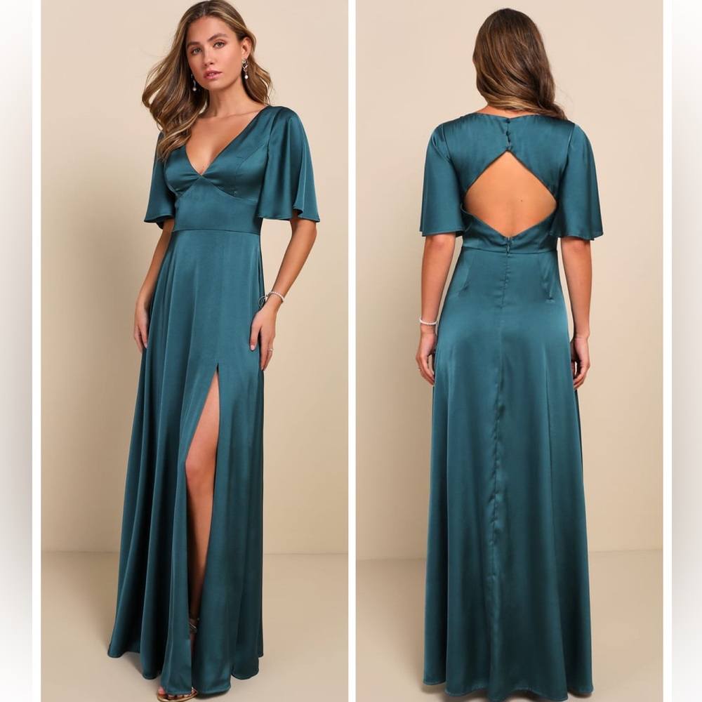 Lulu's Teal Satin Maxi Dress with Back Cutout
